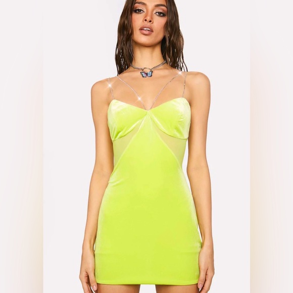 NWT TIC TOC Lime Main Attraction Velvet Mini Dress with double rhinestone straps - Picture 3 of 9